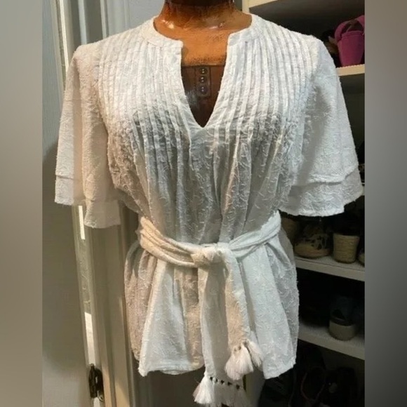 Roller Rabbit Tunic Notch Collar Tassel Belted White Cotton Flutter Sleeve Top - Picture 3 of 14